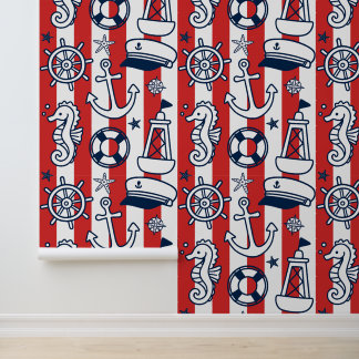 Nautical Doodles – Red & Navy Coastal Stripe Wallpaper