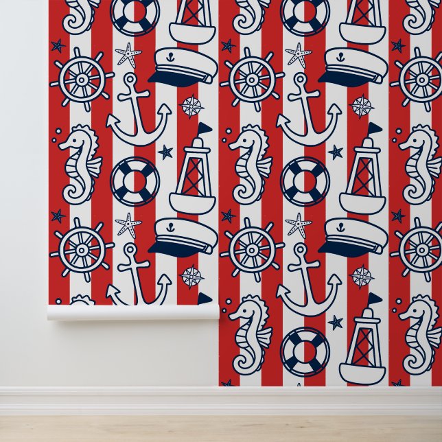 Nautical Doodles – Red & Navy Coastal Stripe Wallpaper (Application)