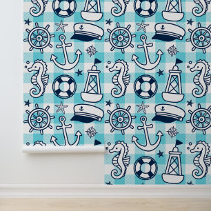 Nautical Doodles – Turqouis & Navy Coastal Gingham Wallpaper