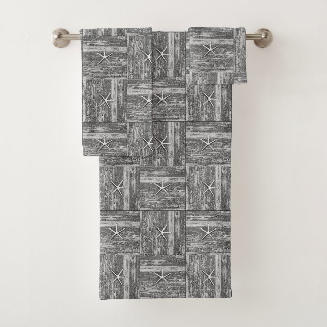Nautical Driftwood Starfish Pattern Grey & White Bath Towel Set (Insitu)