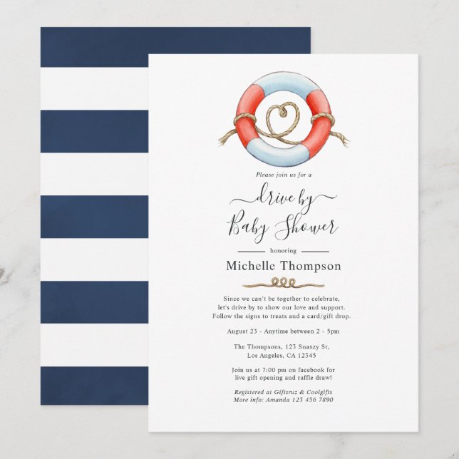 Nautical Drive By Bridal or Baby Shower Invitation (Front/Back)