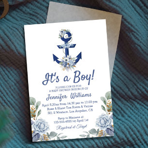 Nautical Dusty Blue Floral Anchor Boy Baby Shower Invitation