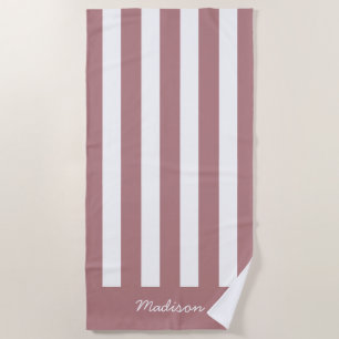 Nautical Dusty Pink & White Striped Custom Name Beach Towel
