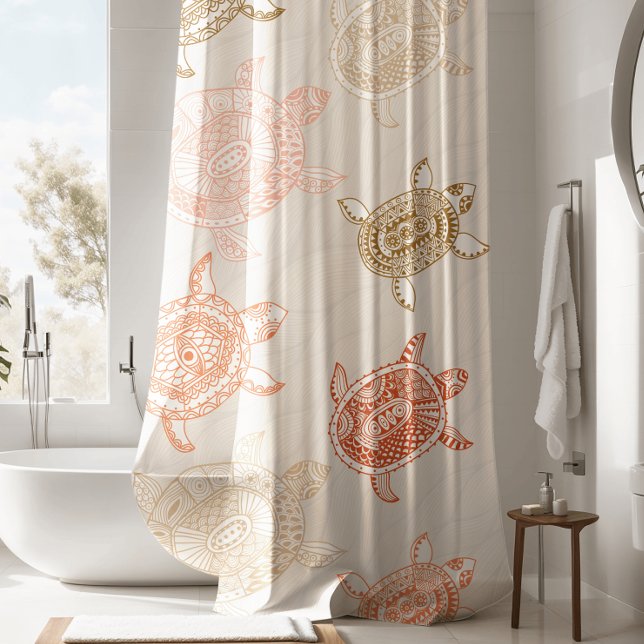 Nautical Earth Tones Green & Coral Sea Turtle Shower Curtain (Creator Uploaded)