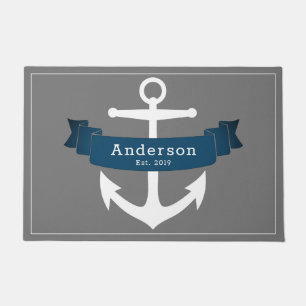 Nautical Elegant Blue Ribbon Banner & White Anchor Doormat