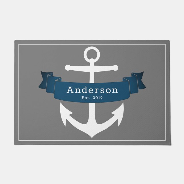 Nautical Elegant Blue Ribbon Banner & White Anchor Doormat (Front)