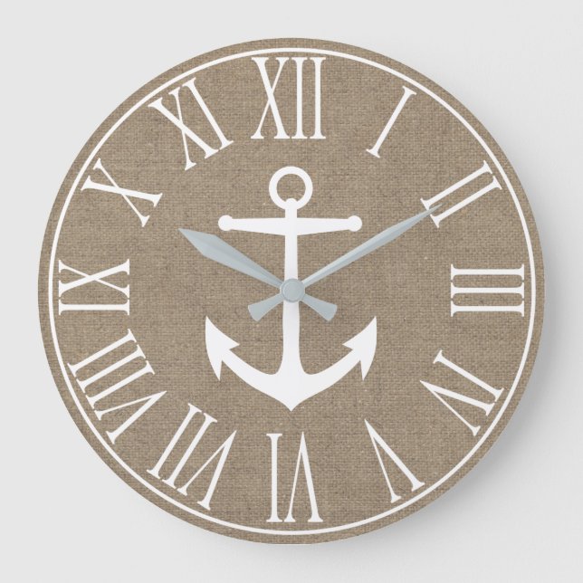 Nautical Elegant Faux Burlap & White Anchor Large Clock (Front)