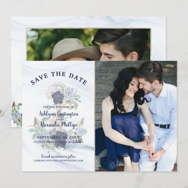 Nautical Elegant Floral Anchor Navy Photo Wedding Save The Date (Front/Back)