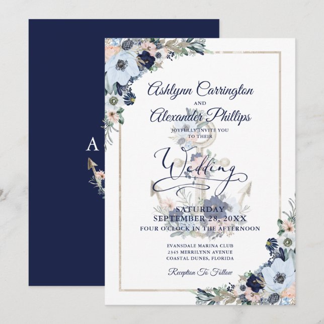 Nautical Elegant Floral Anchor Wedding Invitation (Front/Back)