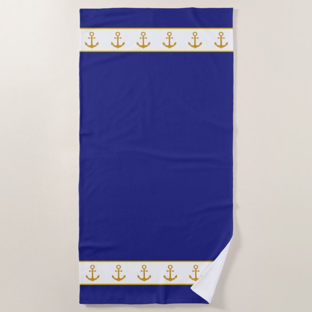 Nautical, Elegant Golden Anchors on Navy Blue Beach Towel