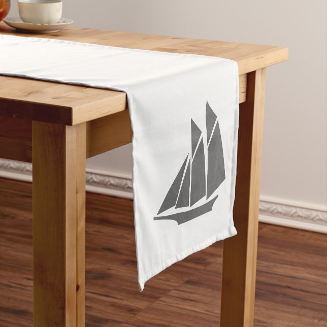 Nautical Elegant Grey Sailboat & White Short Table Runner (In Situ)