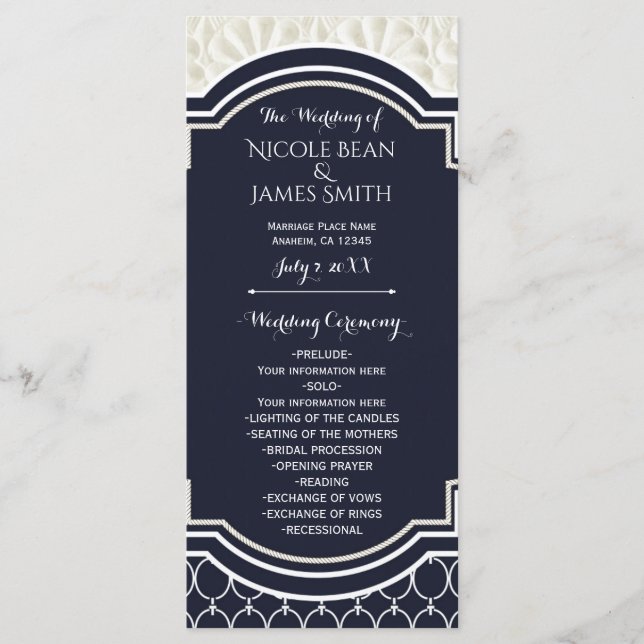 Nautical Elegant Navy White Beach Wedding Program Programme (Front)