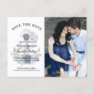 Nautical Elegant Watercolor Floral Navy Blue Announcement Postcard