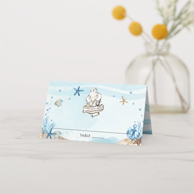 Nautical Elephant Baby Shower Ahoy It's a Boy Place Card (Front)