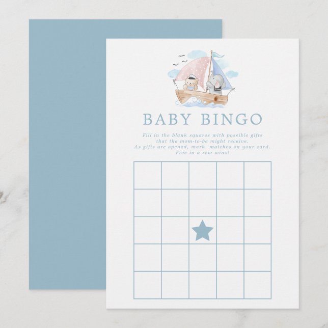 Nautical Elephant Bear Boat Baby Shower Bingo Game Invitation (Front/Back)
