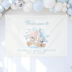 Nautical Elephant Bear Watercolor Boat Baby Shower Banner