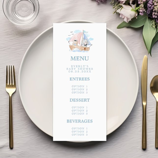 Nautical Elephant Bear Watercolor Boat Baby Shower Menu (Creator Uploaded)