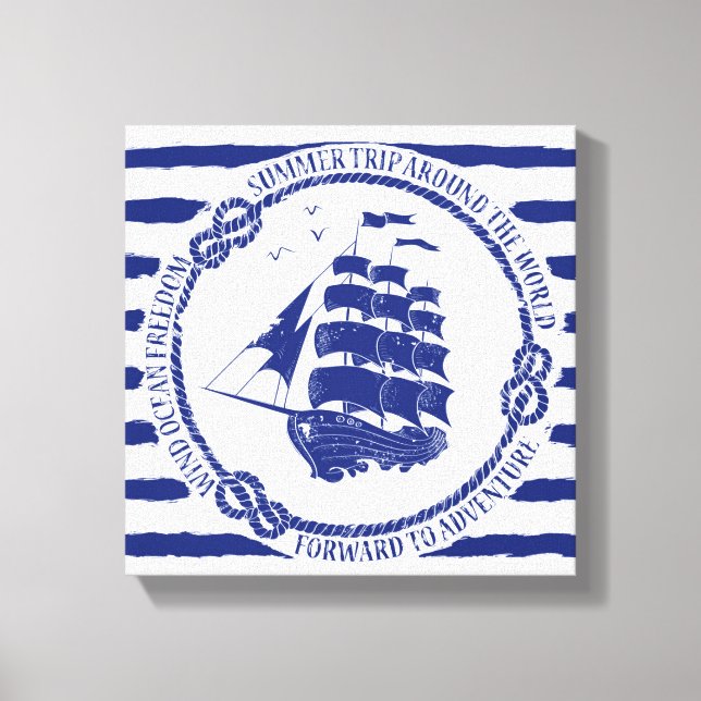 Nautical Emblem With Sailing Ship Canvas Print (Front)