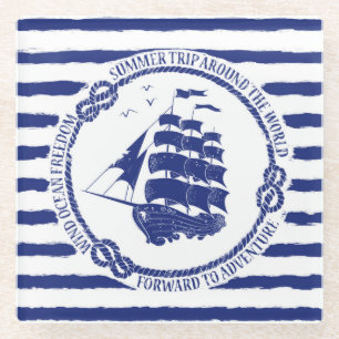 Nautical Emblem With Sailing Ship Glass Coaster