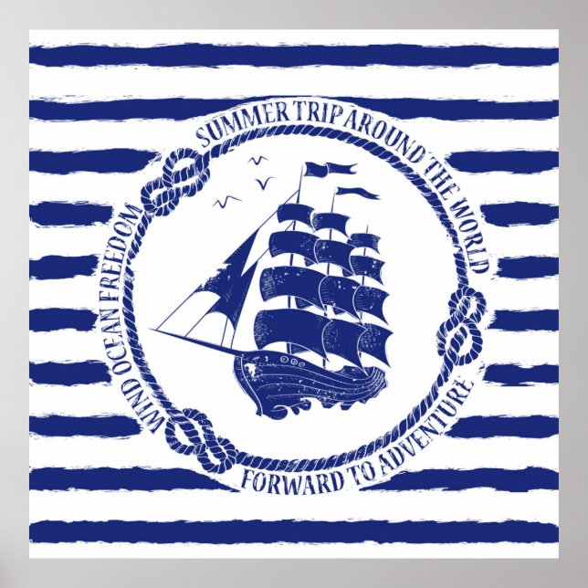 Nautical Emblem With Sailing Ship Poster (Front)