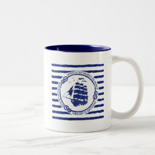 Nautical Emblem With Sailing Ship Two-Tone Coffee Mug