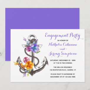 Nautical Engagement Party Anchor Floral Purple Invitation