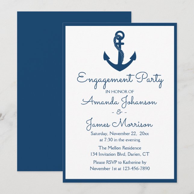 Nautical Engagement Party Navy Blue Anchor Wedding Invitation (Front/Back)