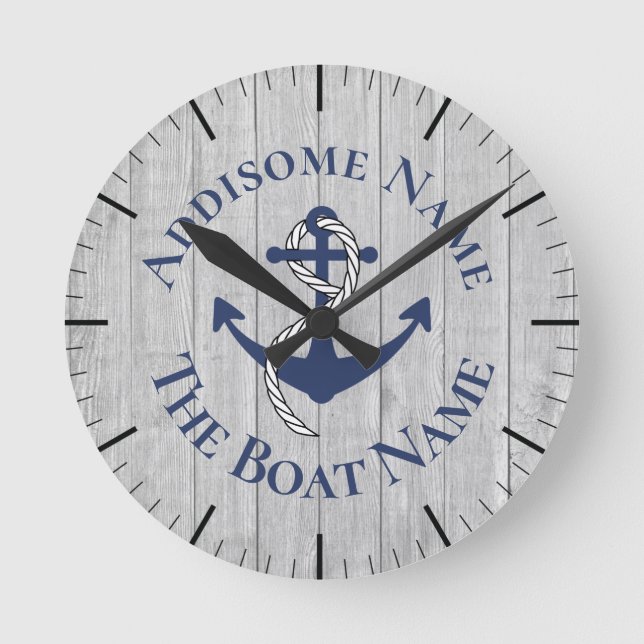 Nautical Family Boat Name Navy Anchor  grey wood   Round Clock (Front)