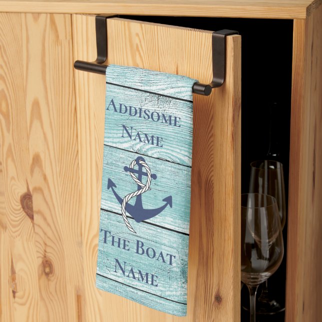 Nautical Family Boat Name Navy Anchor Tea Towel (Thirds Fold)