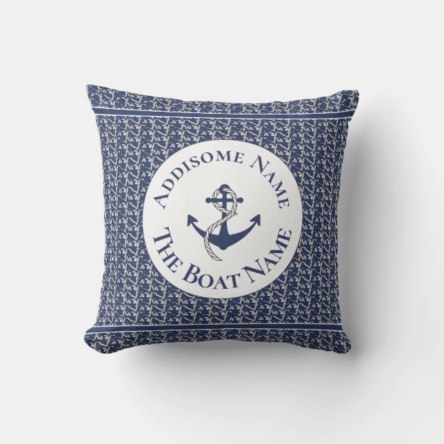 Nautical Family Boat Name Navy Blue  Anchor White  Cushion (Front)