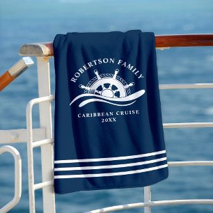 Nautical Family Cruise Ship Wheel Navy Blue Beach Towel