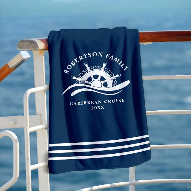 Nautical Family Cruise Ship Wheel Navy Blue Beach Towel (Creator Uploaded)
