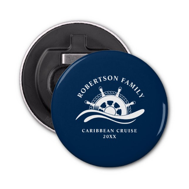 Nautical Family Cruise Ship Wheel Navy Blue Bottle Opener (Front)