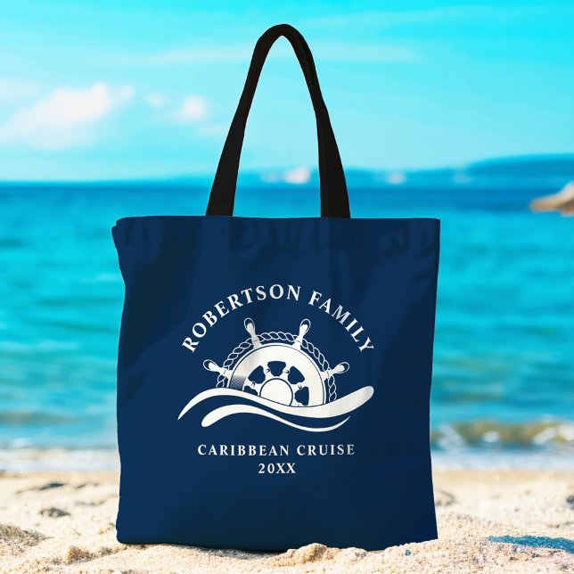 Nautical Family Cruise Ship Wheel Navy Blue Tote Bag (Creator Uploaded)