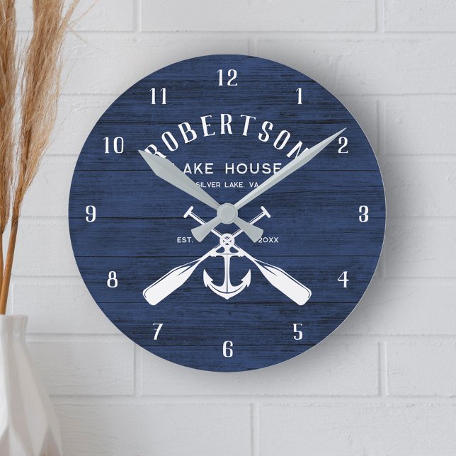 Nautical Family Lake House Anchor Navy Blue Wood Round Clock (Creator Uploaded)