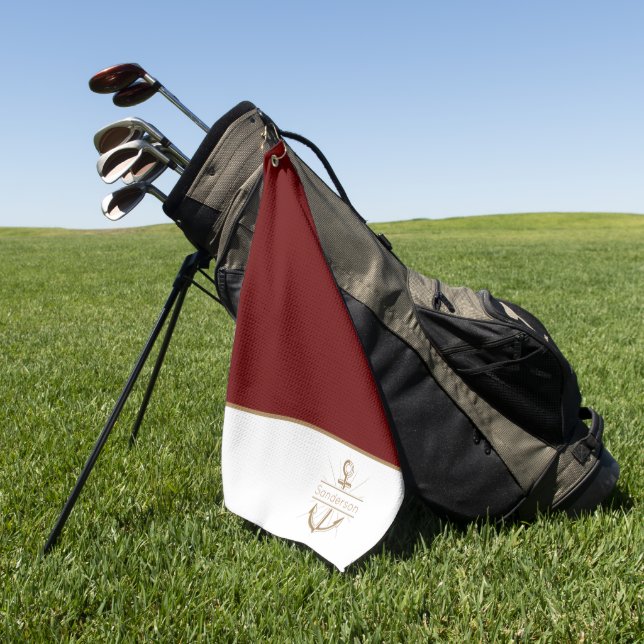  Nautical Family Monogram Burgundy Gold Anchor  Golf Towel (Green)