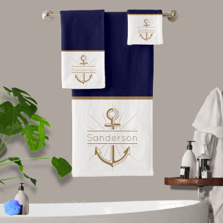 Nautical Family Monogram Navy Blue Gold Anchor Bath Towel Set