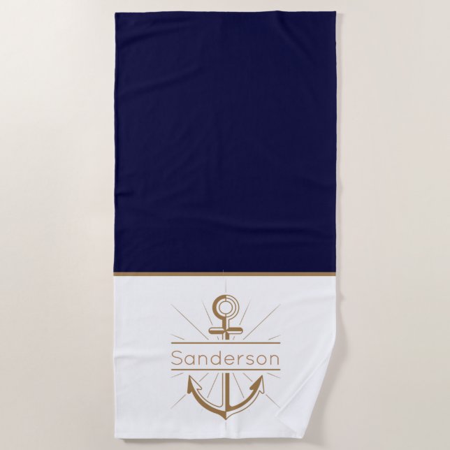  Nautical Family Monogram Navy Blue Gold Anchor Beach Towel (Front)