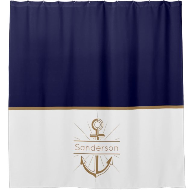 Nautical Family Monogram Navy Blue Gold Anchor Shower Curtain (Front)
