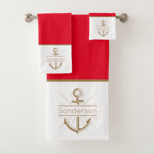 Nautical Family Monogram Red Gold Anchor Bath Towel Set