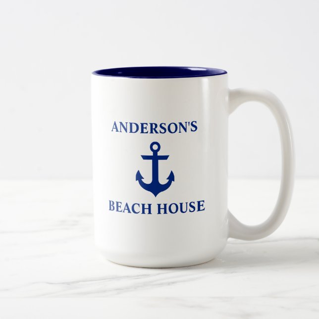 Nautical Family Name Beach House Anchor Blue Large Two-Tone Coffee Mug (Right)