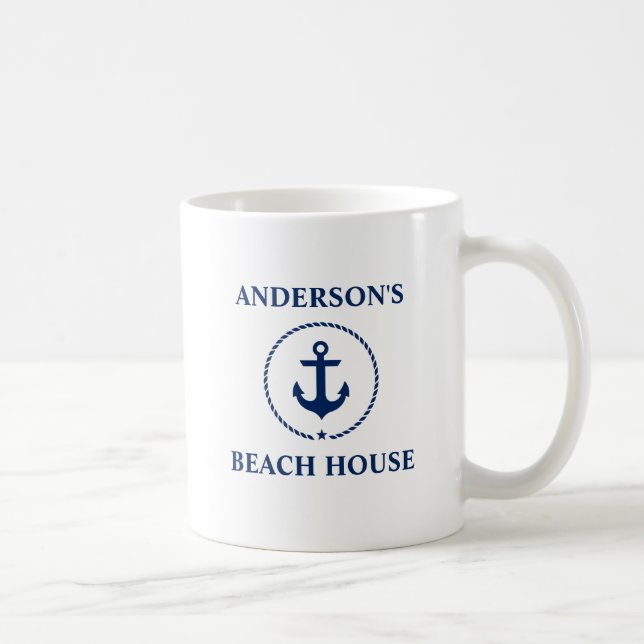 Nautical Family Name Beach House Blue Anchor Coffee Mug (Right)