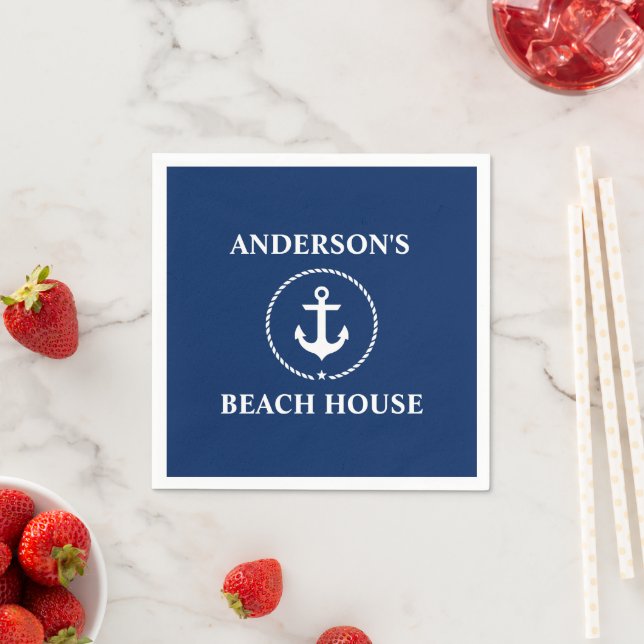 Nautical Family Name Beach House Navy Blue Napkin (Insitu)
