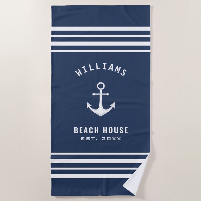 Nautical Family Name Beach House Navy Blue White Beach Towel (Front)