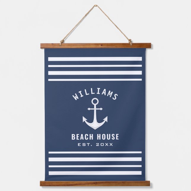 Nautical Family Name Beach House Navy Blue White Hanging Tapestry (Front)