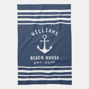 Nautical Family Name Beach House Navy Blue White Tea Towel