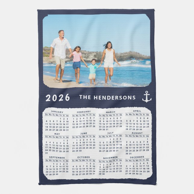 Nautical Family Photo Navy Blue 2023 Calendar Tea Towel (Vertical)
