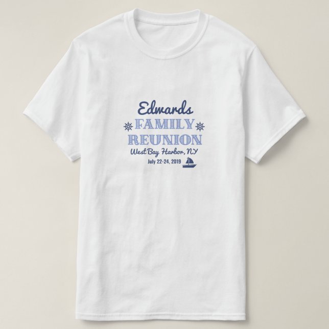 Nautical Family Reunion Design in Navy & Pale Blue T-Shirt (Design Front)
