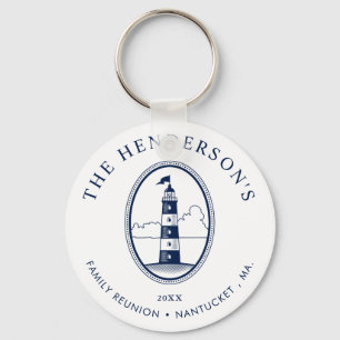 Nautical Family Reunion Lighthouse White Navy Key Ring