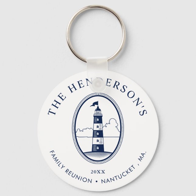 Nautical Family Reunion Lighthouse White|Navy Key Ring (Front)